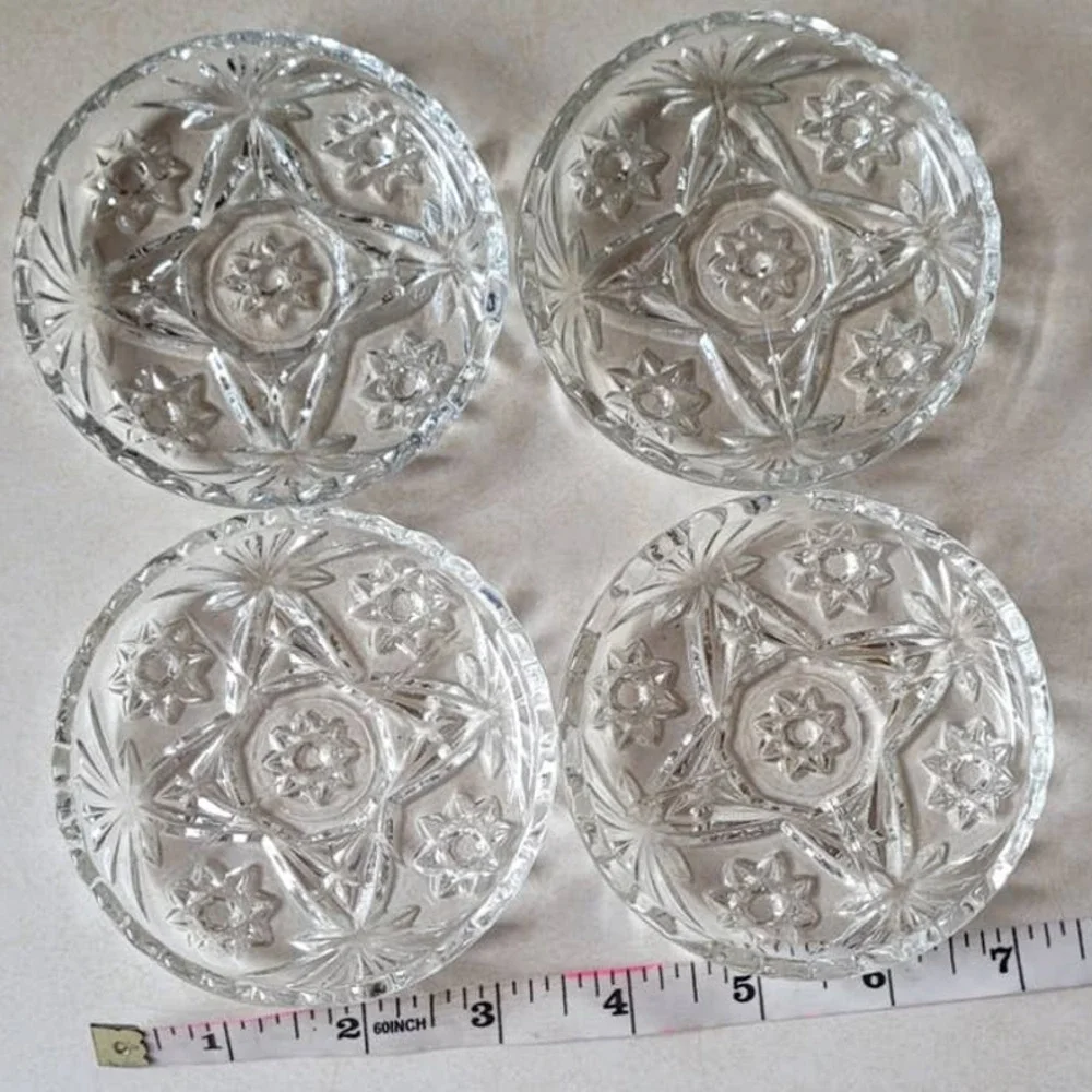 Set of 4 Pressed Vintage Anchor Hocking Prescut Clear Glass Ashtrays or Coasters